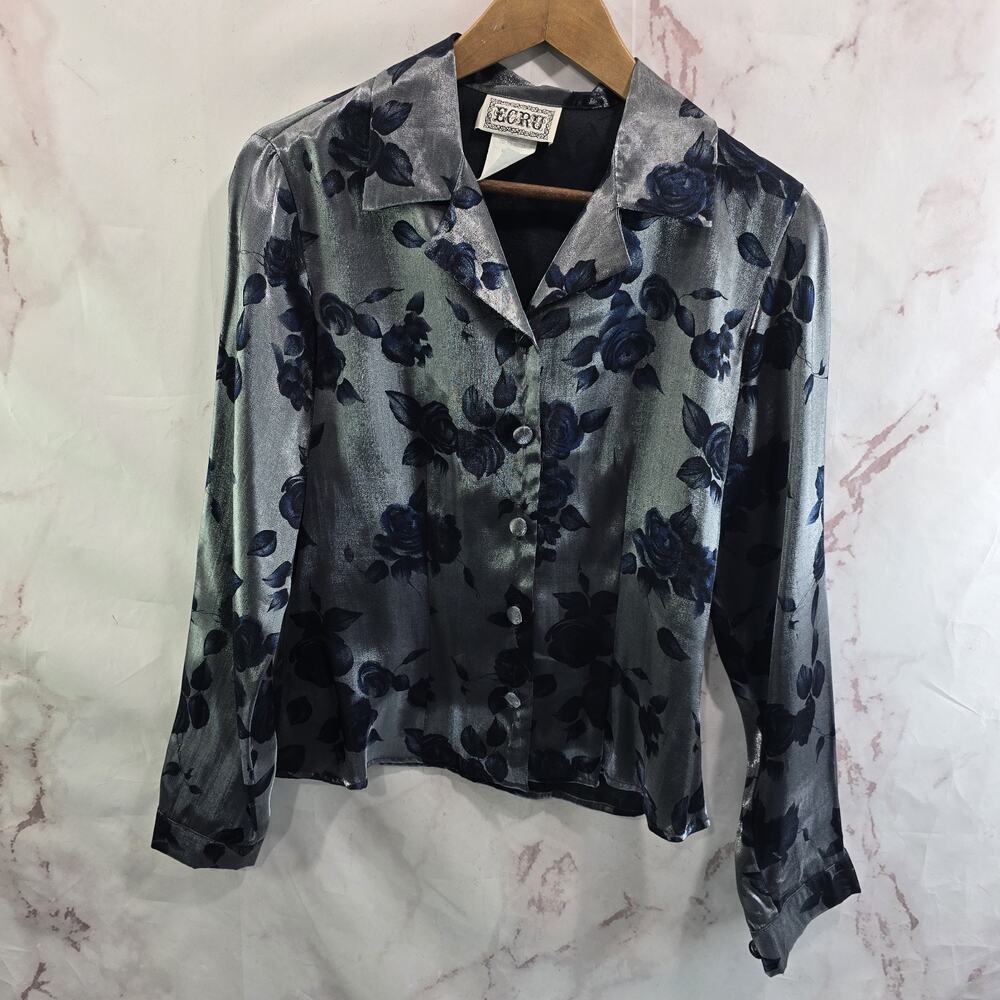 Vintage Top Womens Medium 90s Y2K Floral Blouse Button Metallic Silver Vamp